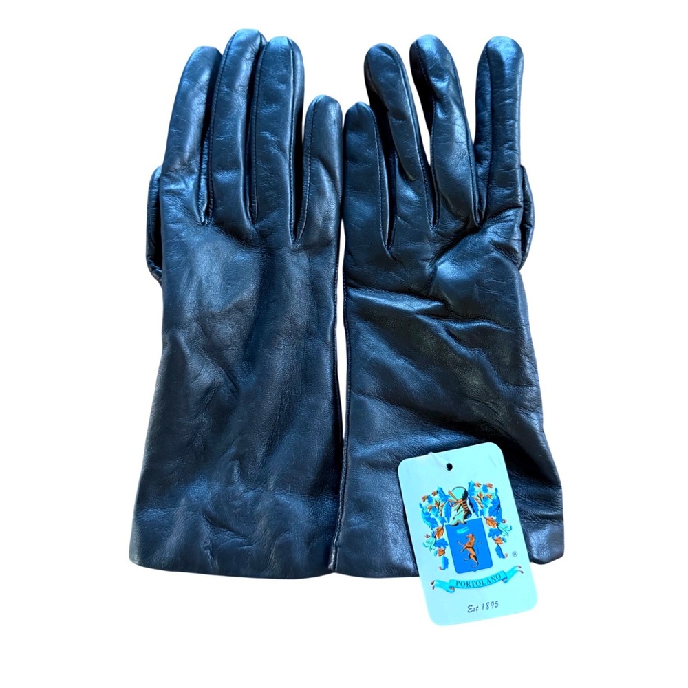 Portolano Womens Black Genuine Leather 100% Cashmere Lined Gloves Size 7.5 NWT